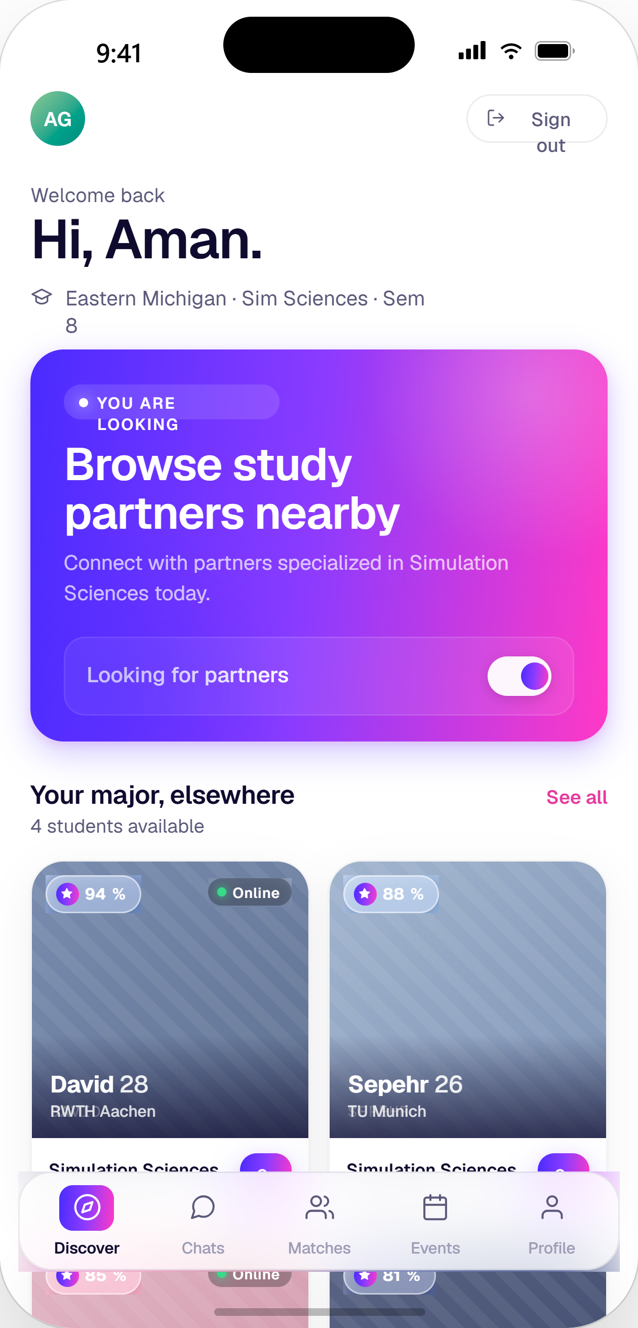 MysMatch Discover screen